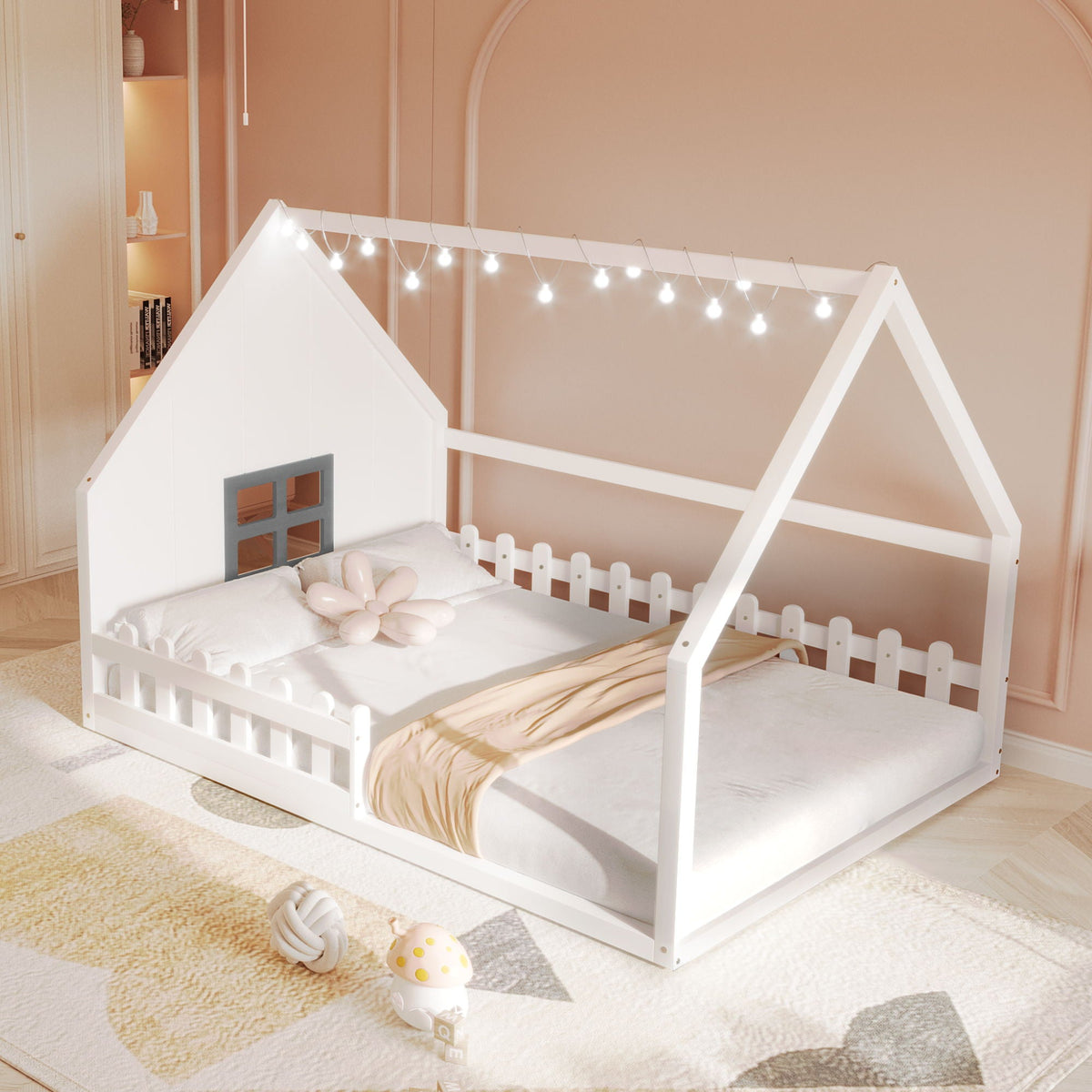 House Bed With Window And Fence white platform bed with window-pane headboard on Tampa Home & Garden Store