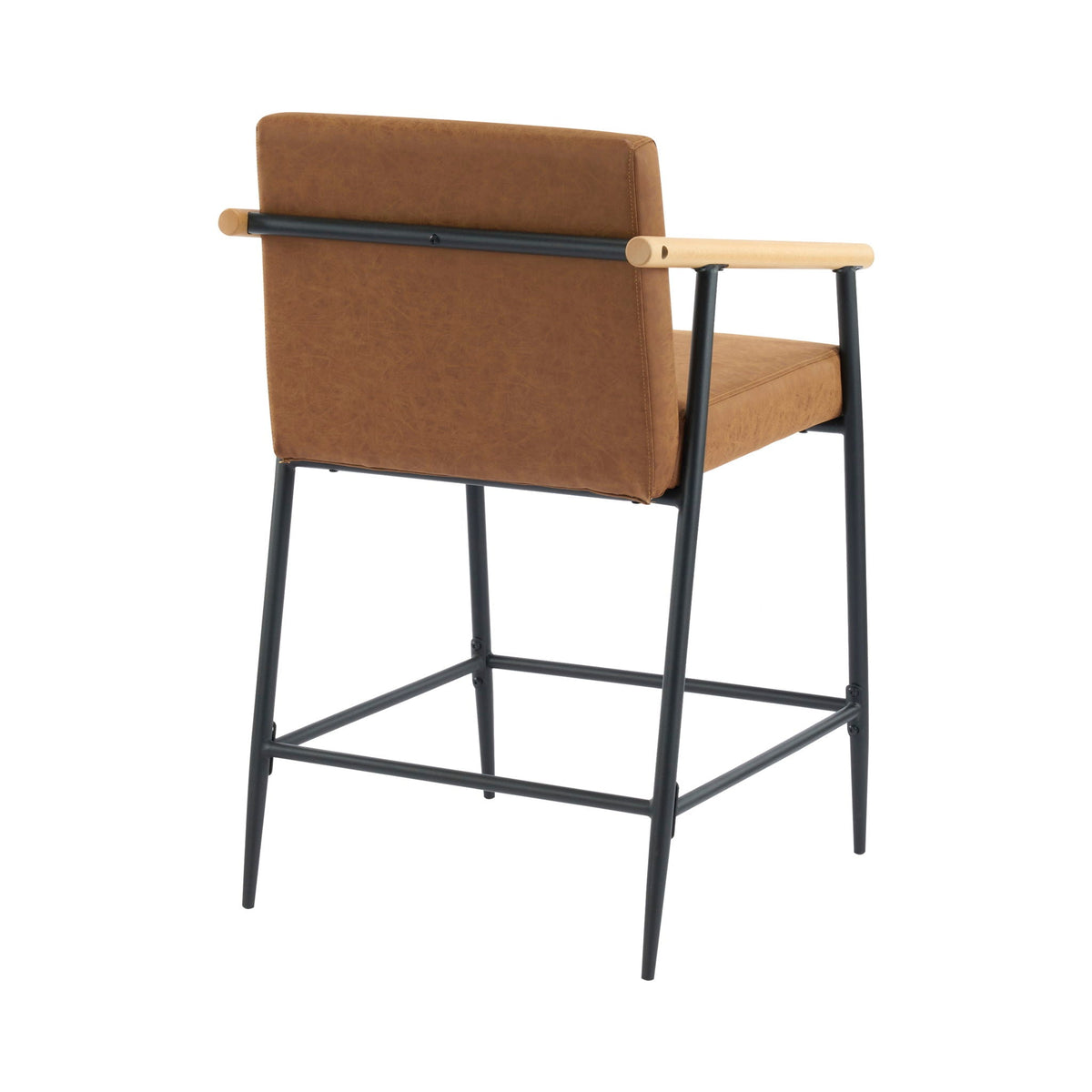 Mid Century Modern counter stools set with tan leather upholstery and wood arms on iron frame on Tampa Home & Garden Store