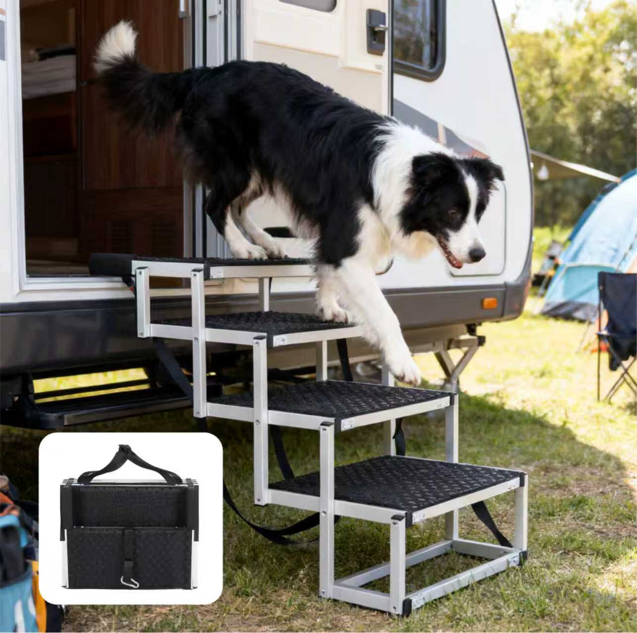 Foldable dog ramp with aluminum frame and black steps for loading dog from camper van on Tampa Home & Garden Store