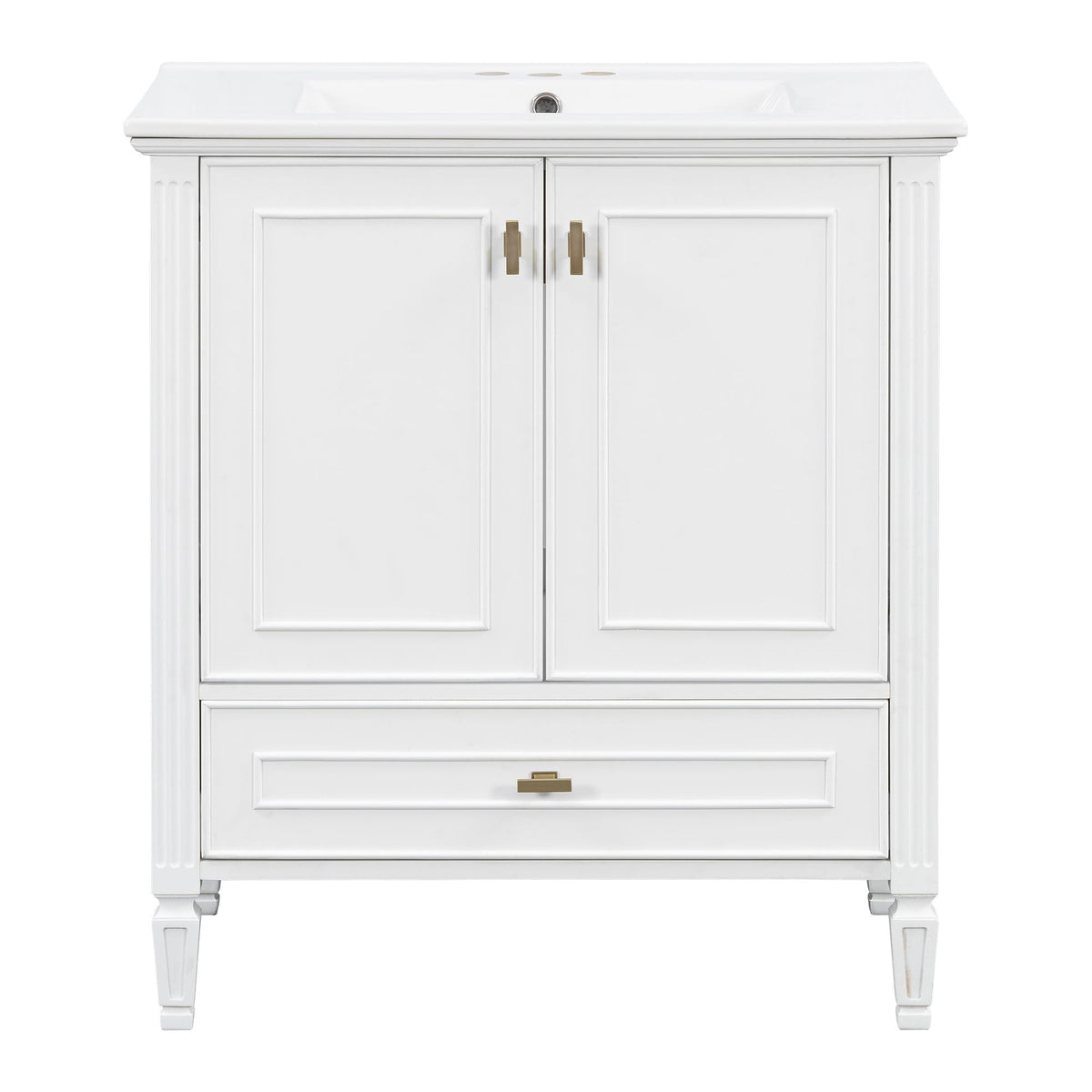 White freestanding vanity with drawer and soft-close doors; brass hardware by HouseOfZazla on Tampa Home & Garden Store