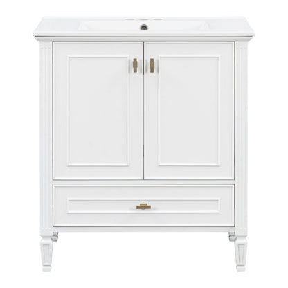 White freestanding vanity with drawer and soft-close doors; brass hardware by HouseOfZazla on Tampa Home & Garden Store
