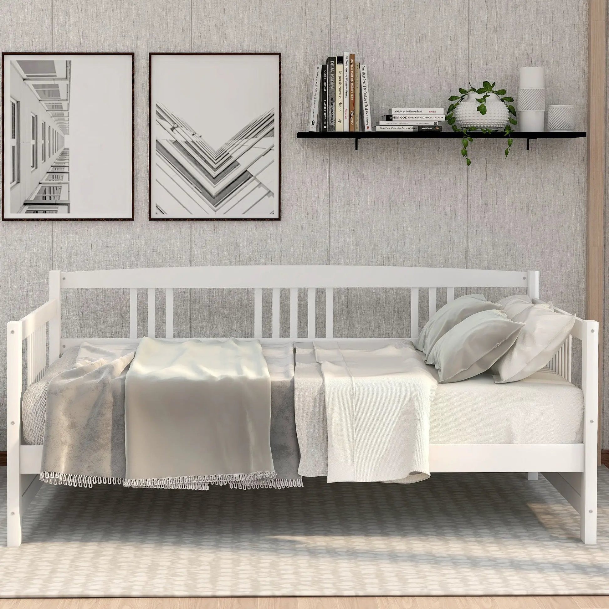 Multifunctional Modern Daybed in white with slat headboard; shelf above holds books and a plant on Tampa Home & Garden Store