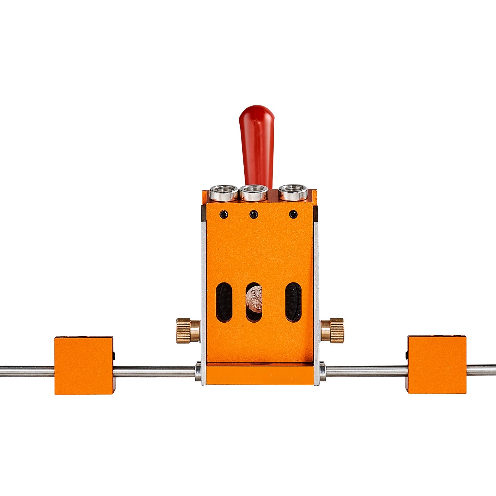 Pocket Hole Jig Kit orange aluminum body with red handle and three top guide bushings on Tampa Home & Garden Store