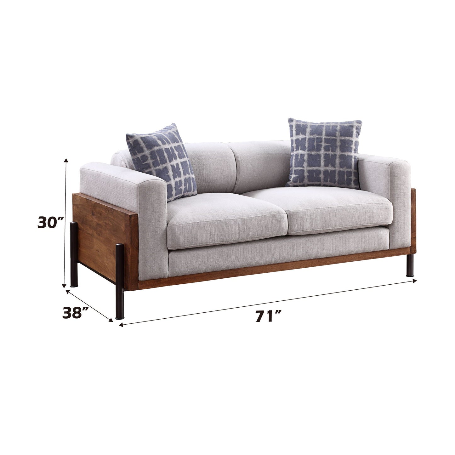 Pelton Loveseat walnut wood frame, gray upholstery, 2 blue toss pillows HouseOfZazla on Tampa Home & Garden Store