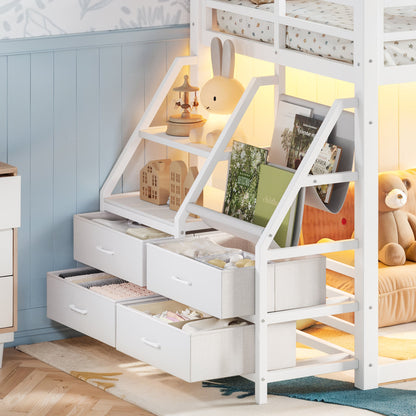 White twin-over-twin bunk bed with under-drawer storage and side shelves by HouseOfZazla on Tampa Home & Garden Store