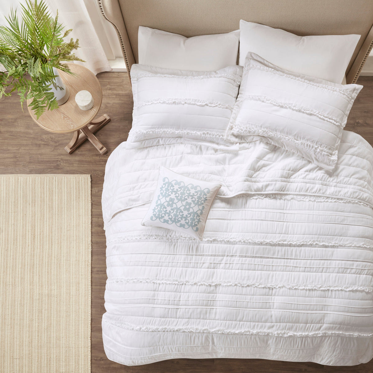 White reversible quilt set with ruffle trim and embroidered throw pillow by HouseOfZazla on Tampa Home & Garden Store
