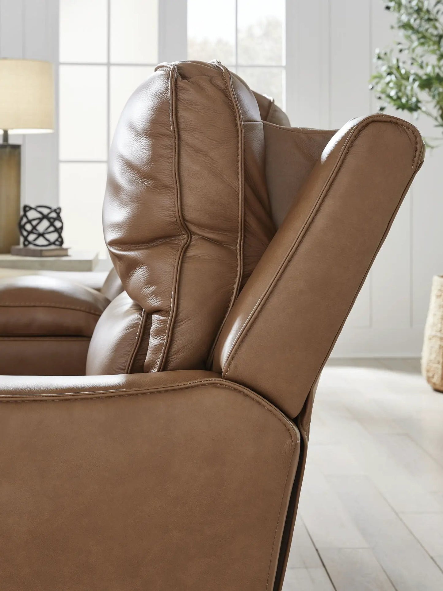 DeepWakes power recliner with adjustable headrest in tan leather by Unique Piece Furniture on Tampa Home & Garden Store