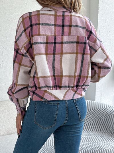 Stevvex Classic Plaid Button Up Jacket, pink beige plaid, women's long sleeve jacket on Tampa Home & Garden Store