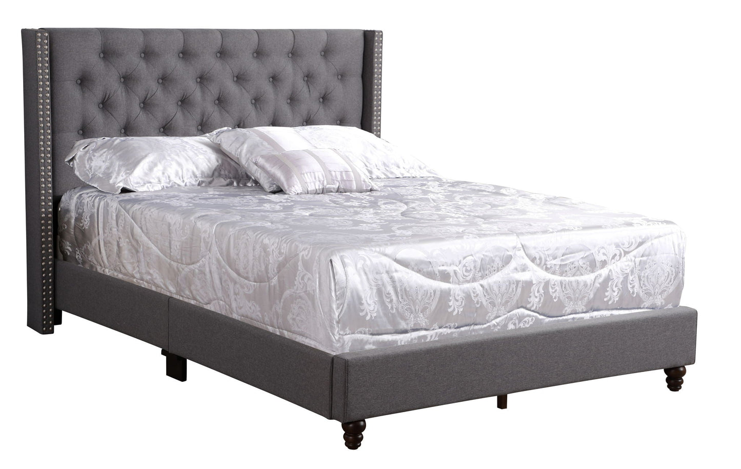 Nailhead Bed by HouseOfZazla, grey tufted upholstered bed with nailhead trim and tall headboard on Tampa Home & Garden Store