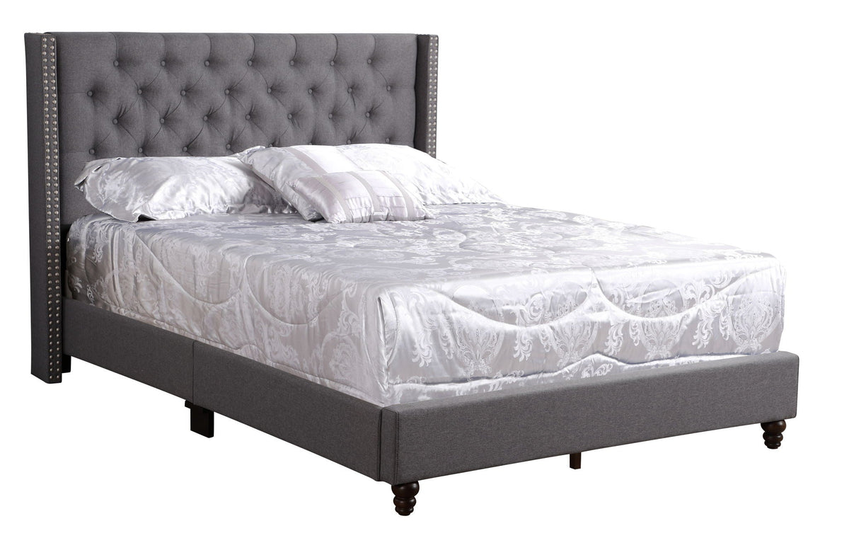Nailhead Bed by HouseOfZazla, grey tufted upholstered bed with nailhead trim and tall headboard on Tampa Home & Garden Store