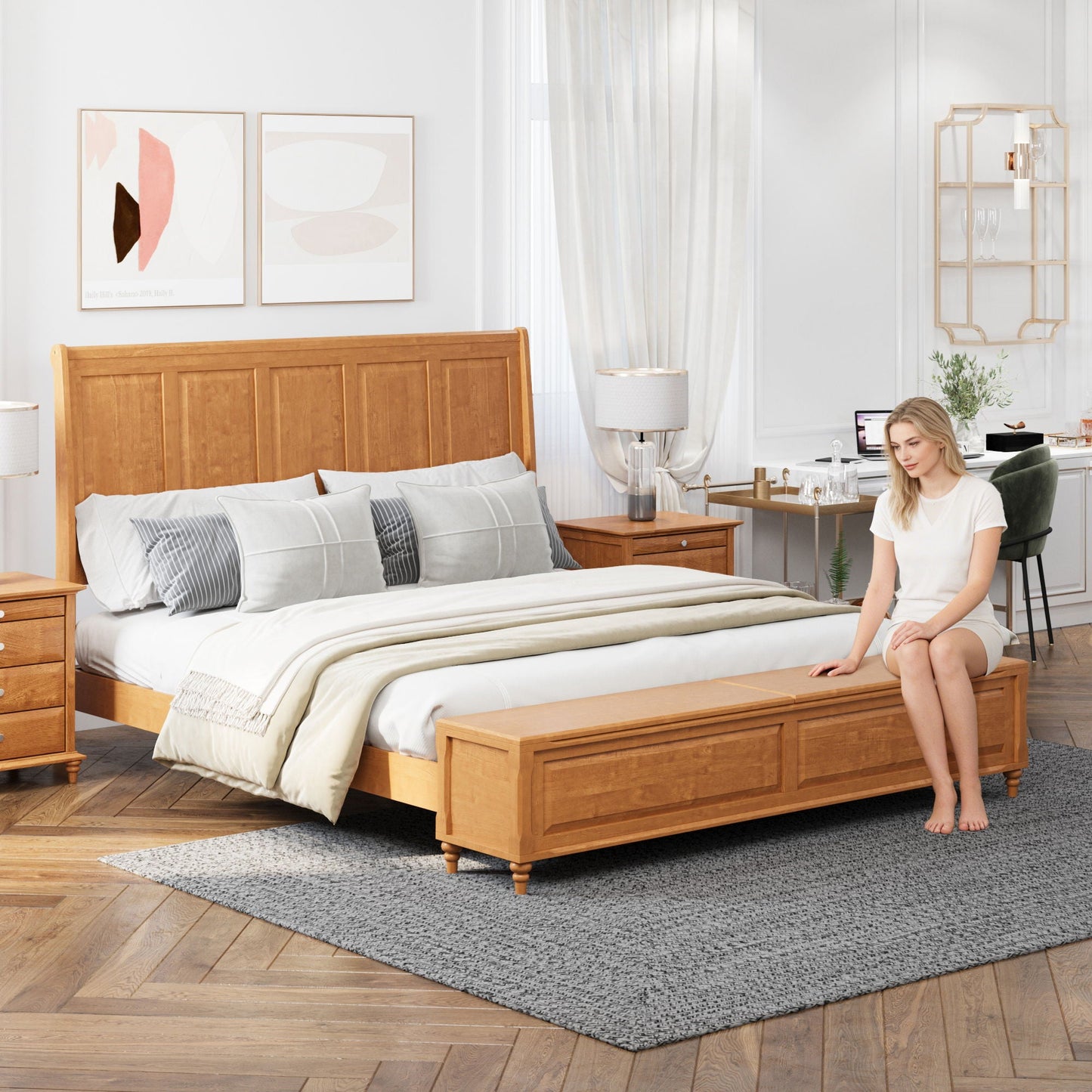 Modern Sleigh Bed with Tall Headboard and Bench