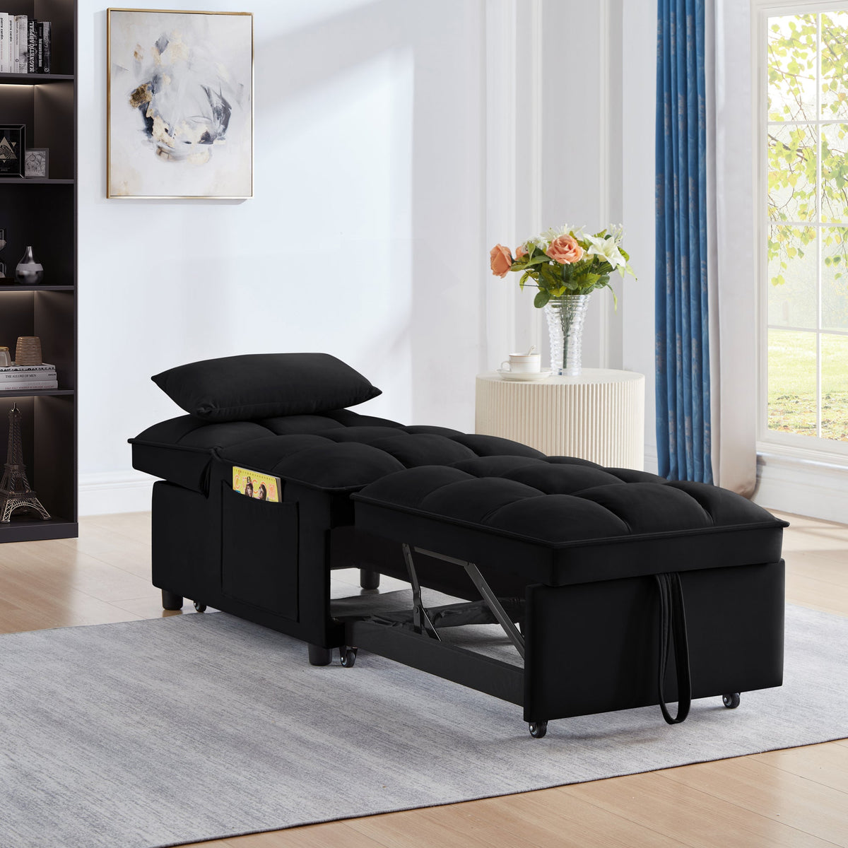 Single Velvet Sofa Bed with Storage Pockets