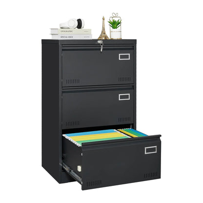 Three-drawer locking filing cabinet in black metal with label slots; bottom drawer holds colored hanging files on Tampa Home & Garden Store