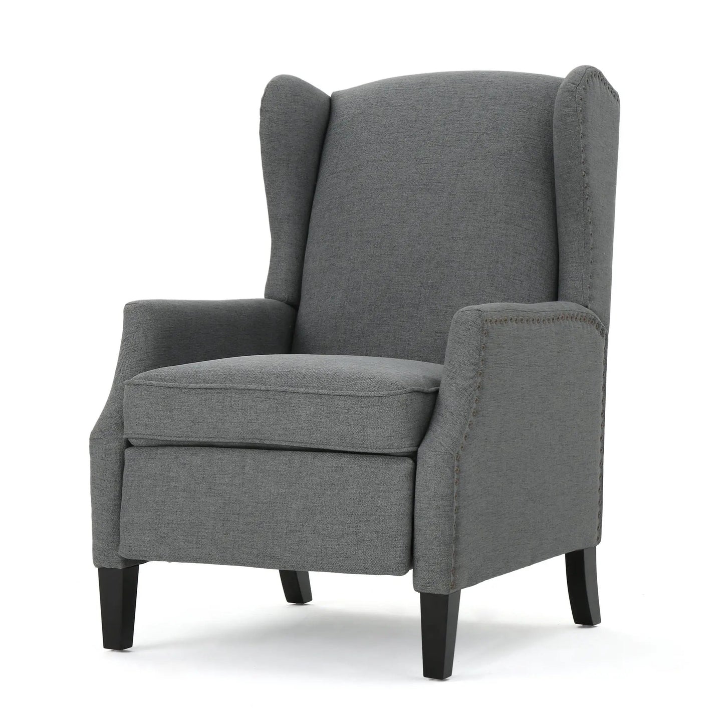 Westeros Wing Back Fabric Upholstered Recliner in grey fabric with nailhead trim and wood legs on Tampa Home & Garden Store