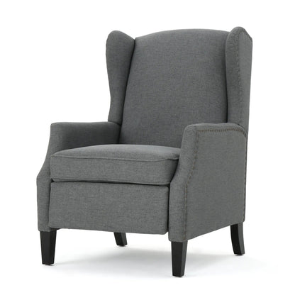 Westeros Wing Back Fabric Upholstered Recliner in grey fabric with nailhead trim and wood legs on Tampa Home & Garden Store
