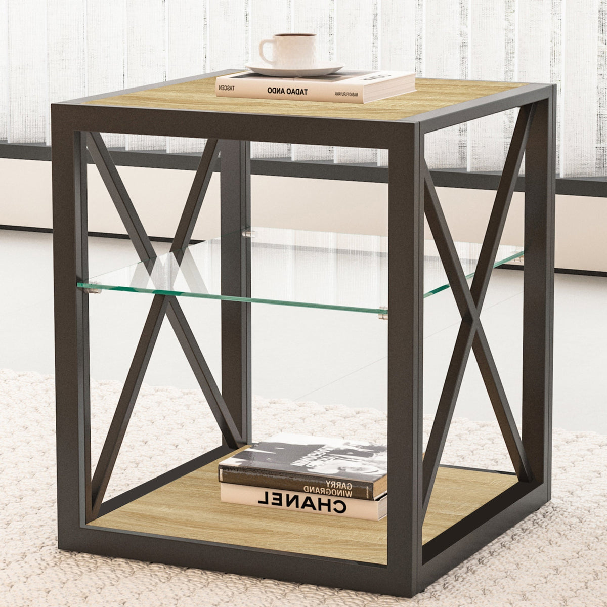 End table with black metal frame, natural wood top and glass lower shelf; cup and books on top on Tampa Home & Garden Store