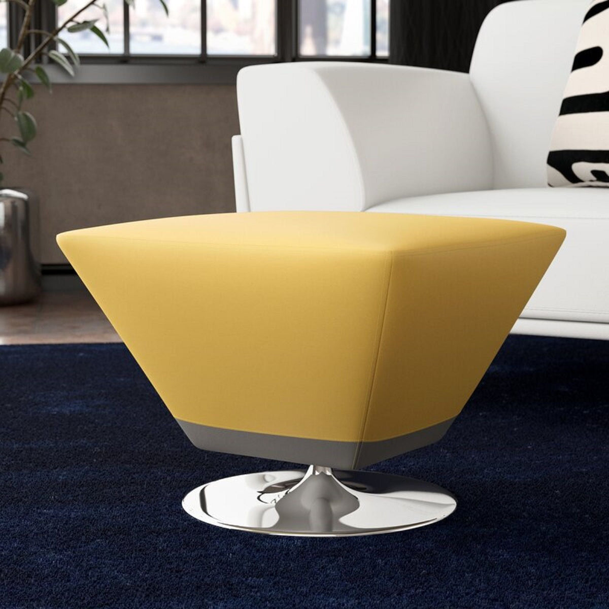Diamond Accent Ottoman in bright yellow with a faceted geometric base in a modern living room on Tampa Home & Garden Store