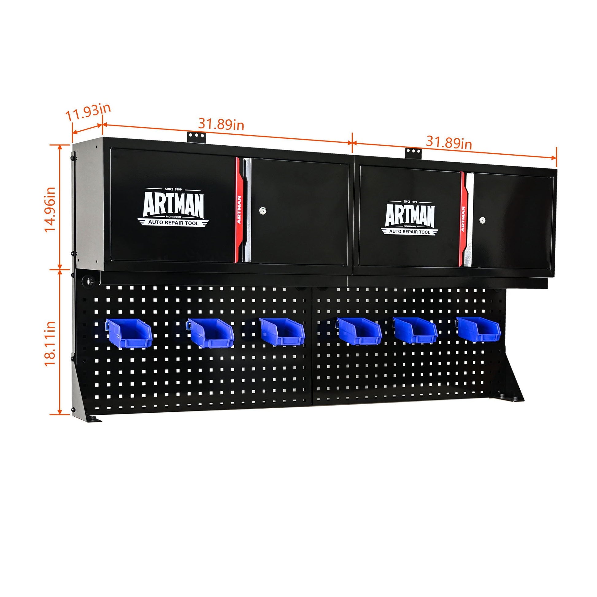 Wall mounted double door cabinet with tool rack and hooks, black with red accents ARTMAN on Tampa Home & Garden Store