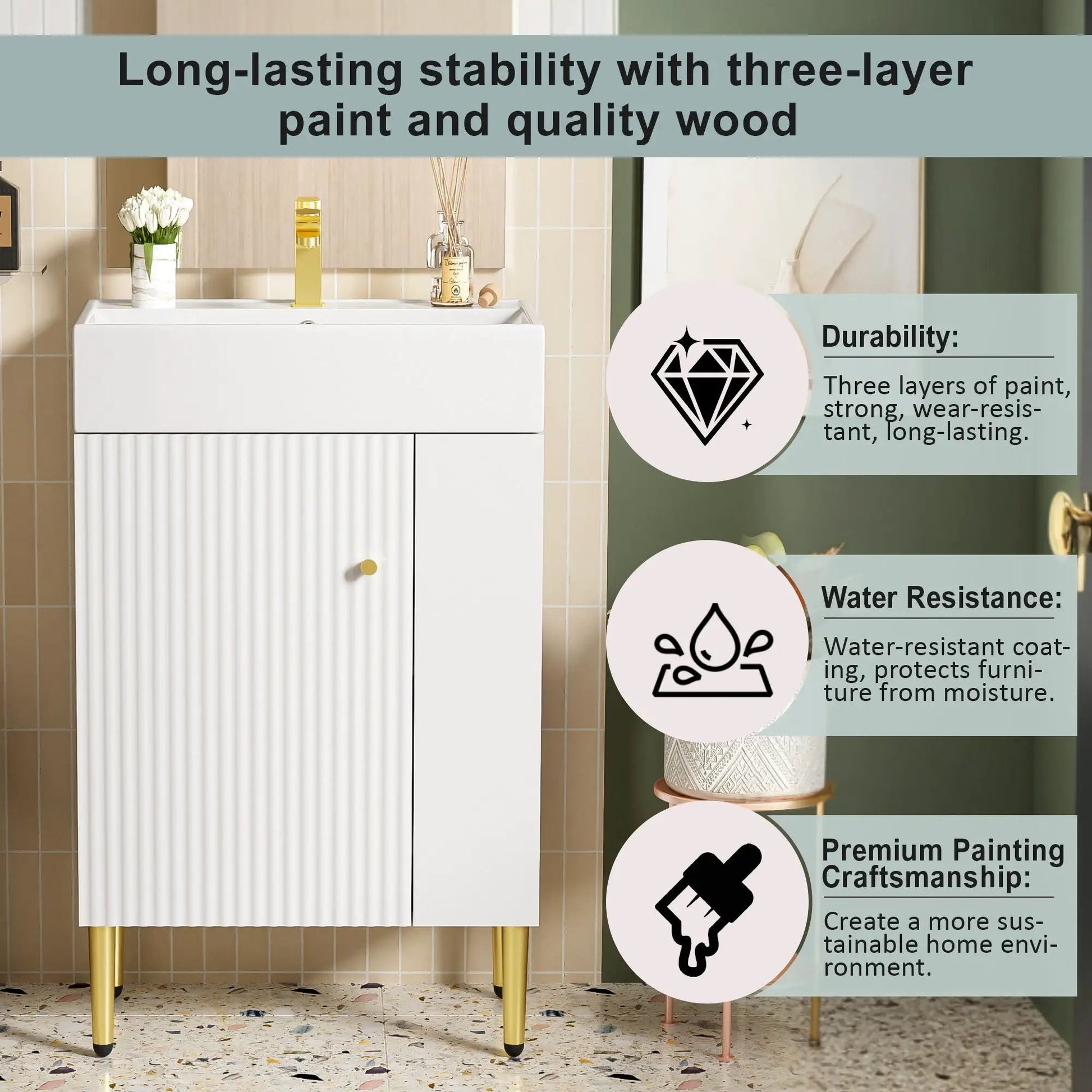 Vanity cabinet with single ceramic sink, white finish, gold legs Unique Piece Furniture on Tampa Home & Garden Store