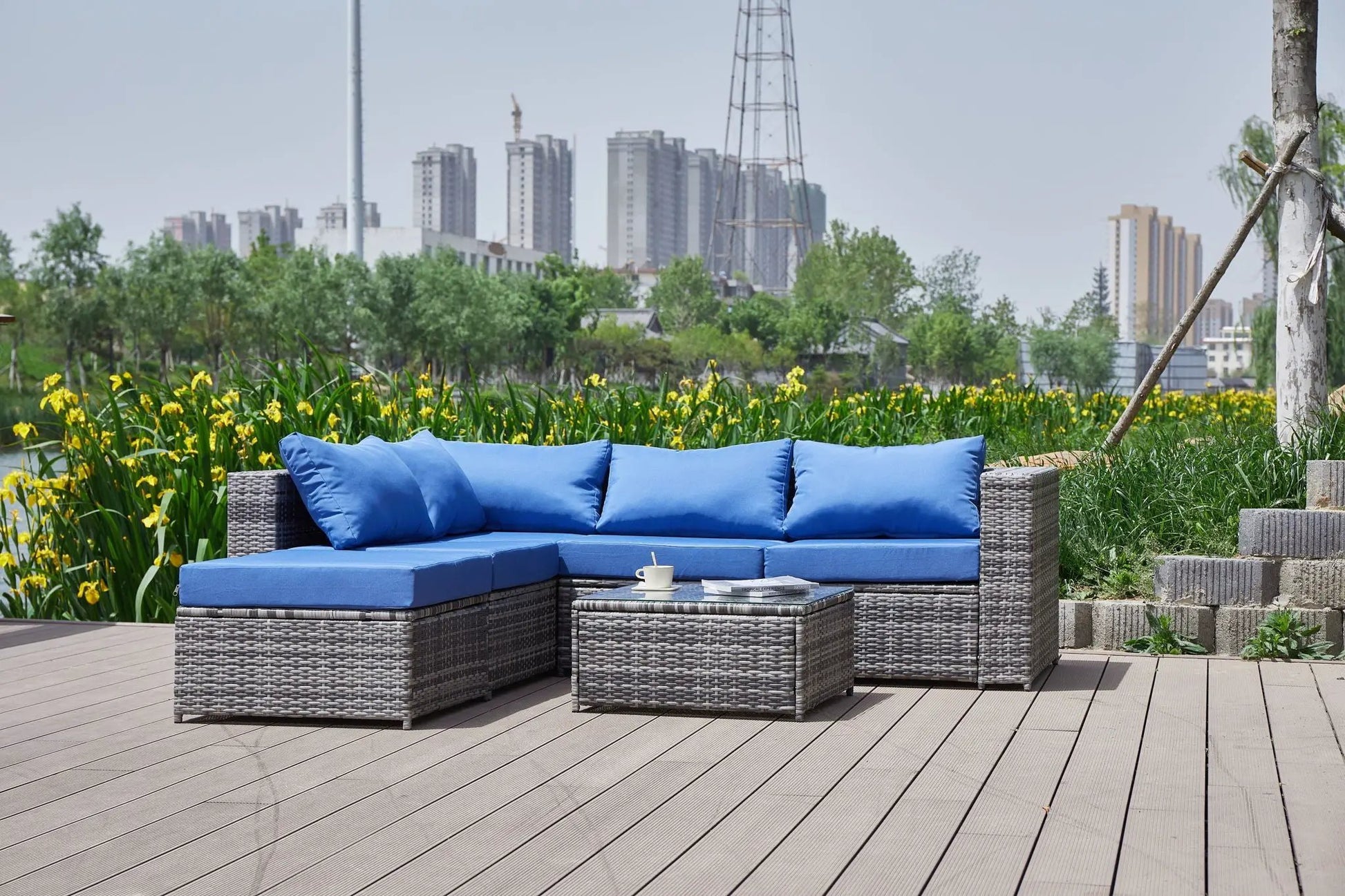 Patio sofa with blue cushions, wicker 2pc outdoor set Unique Piece Furniture on Tampa Home & Garden Store