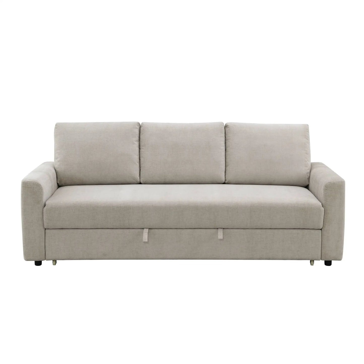 Leira Linen Pull-Out Sleeper Sofa beige fabric with 3 back cushions, front view on Tampa Home & Garden Store