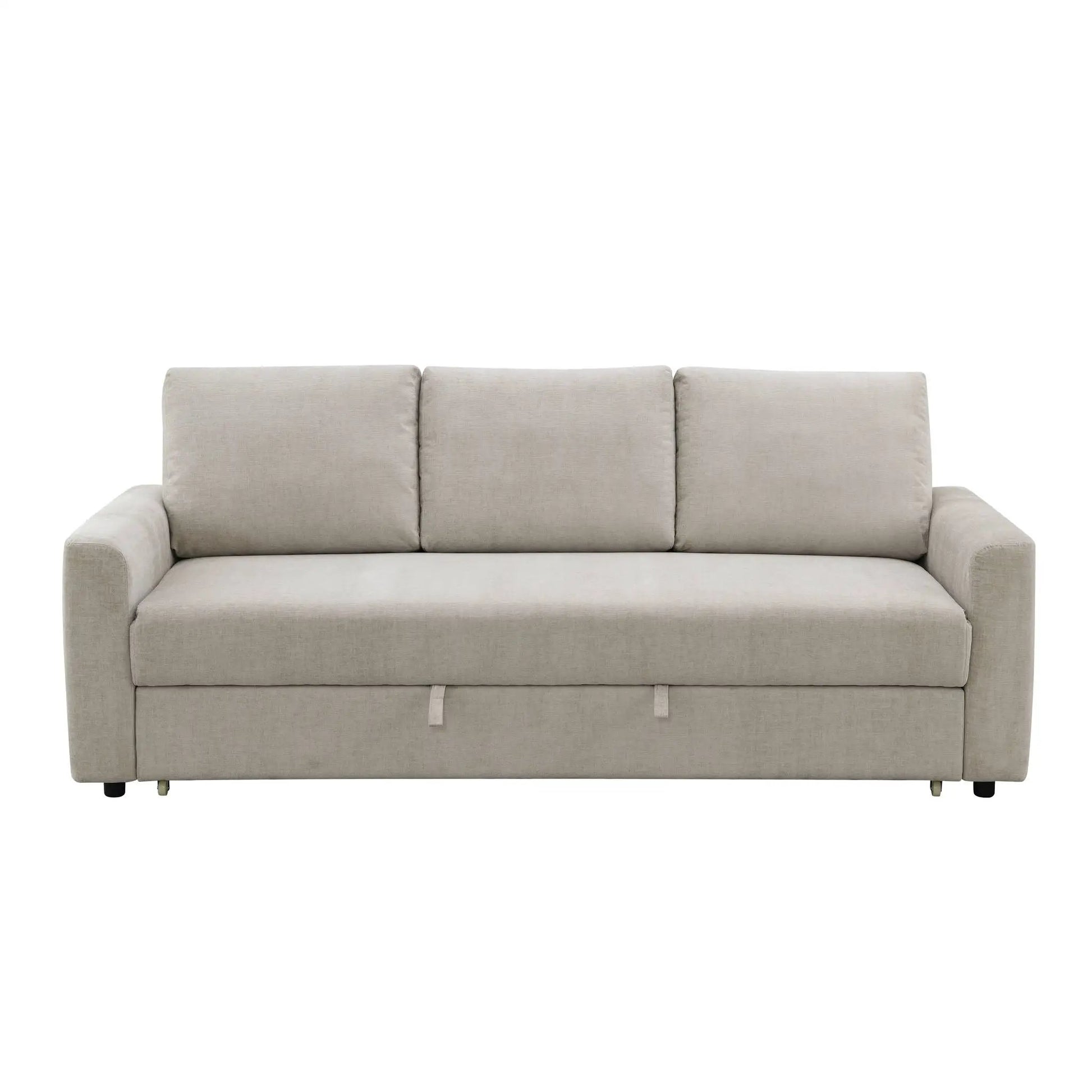 Leira Linen Pull-Out Sleeper Sofa beige fabric with 3 back cushions, front view on Tampa Home & Garden Store