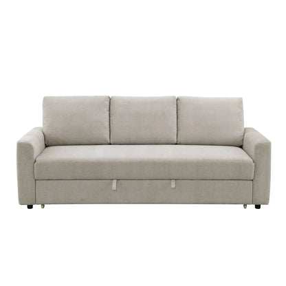 Leira Linen Pull-Out Sleeper Sofa beige fabric with 3 back cushions, front view on Tampa Home & Garden Store