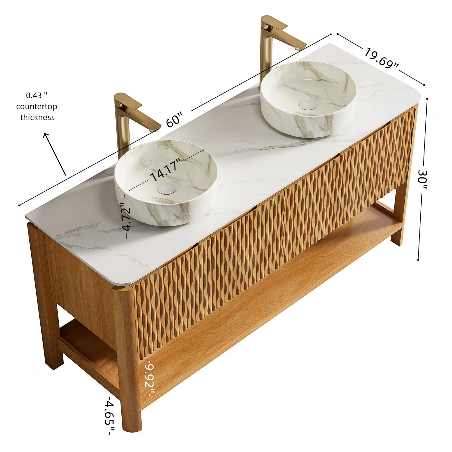 SHARMA 60in bathroom vanity with marble top, dual vessel sinks, brass taps, plywood cabinet on Tampa Home & Garden Store