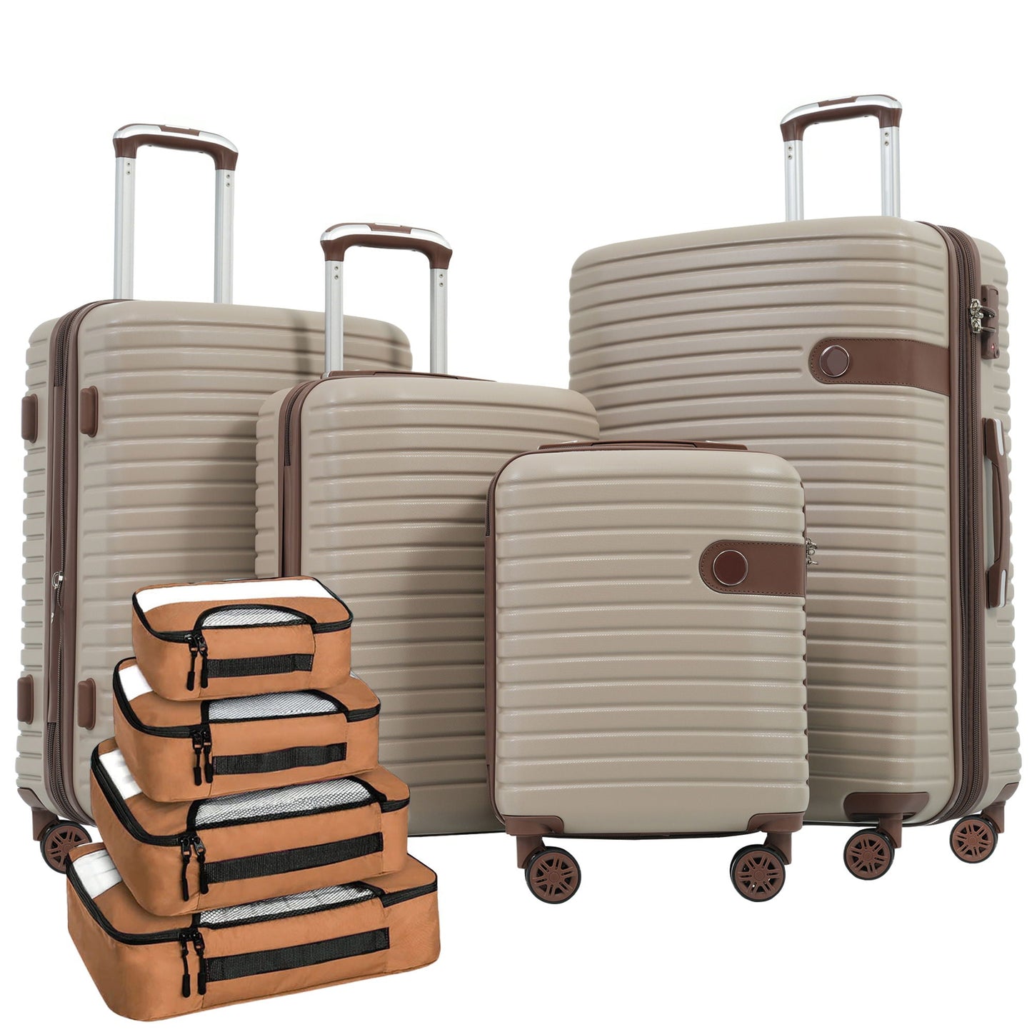 4 Piece Luggage Set hard shell beige suitcases with brown trim and packing cubes HouseOfZazla on Tampa Home & Garden Store