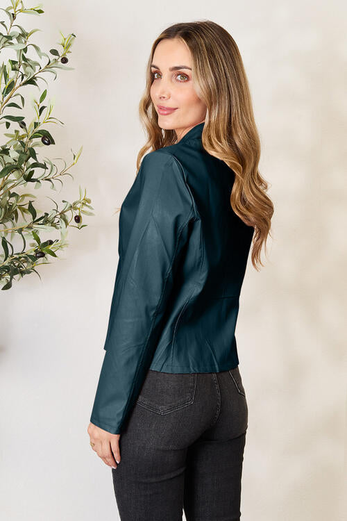 Stevvex women's teal faux-leather zip-up jacket with classic neck for everyday wear on Tampa Home & Garden Store