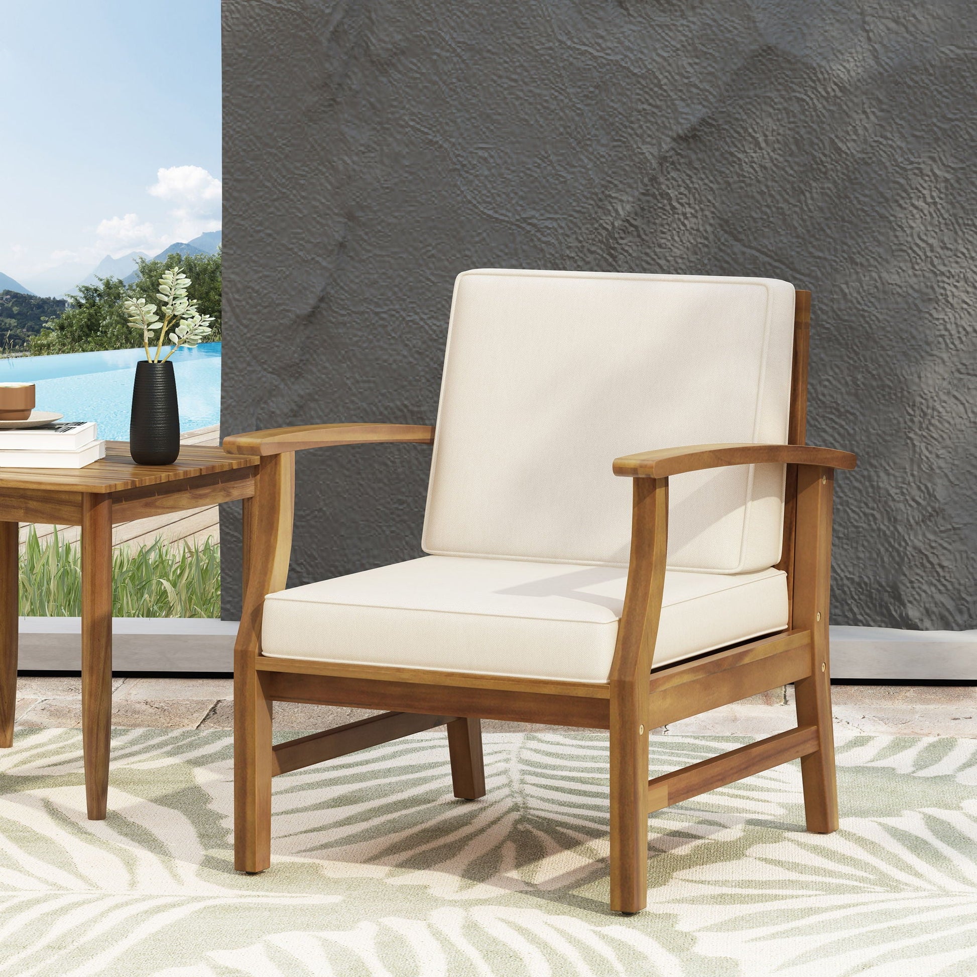 Perla Contemporary Club Chair outdoor water-resistant cushions beige wood frame HouseOfZazla on Tampa Home & Garden Store