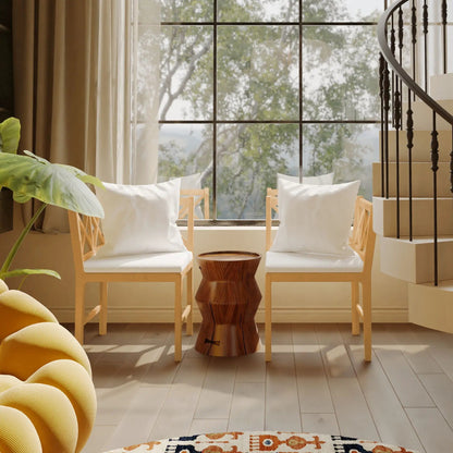 Farmhouse dining corner chairs set of 2 with rattan backs and white cushions, wood legs on Tampa Home & Garden Store