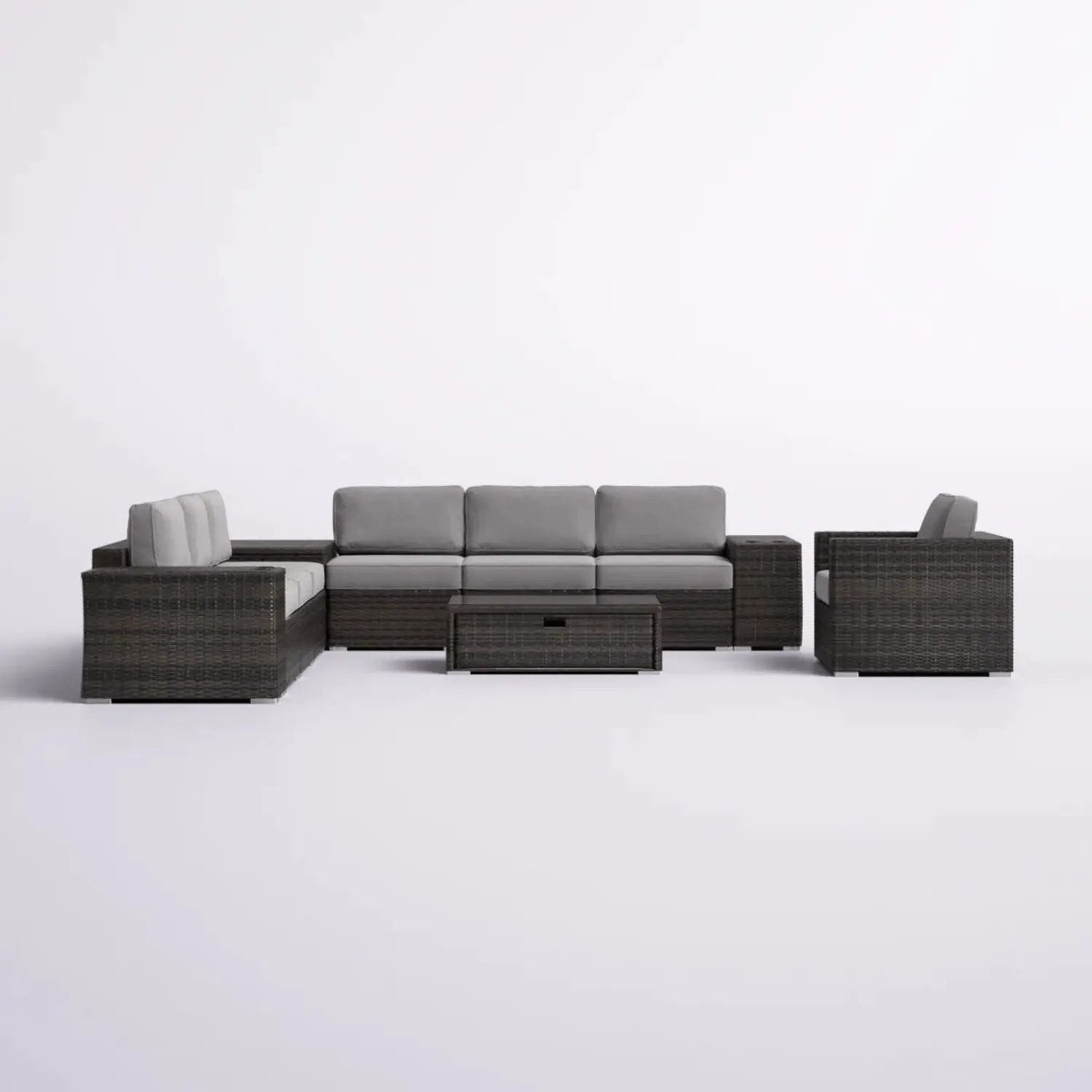 Modern patio rattan 4-piece outdoor set with cushions, dark brown wicker, gray cushions on Tampa Home & Garden Store