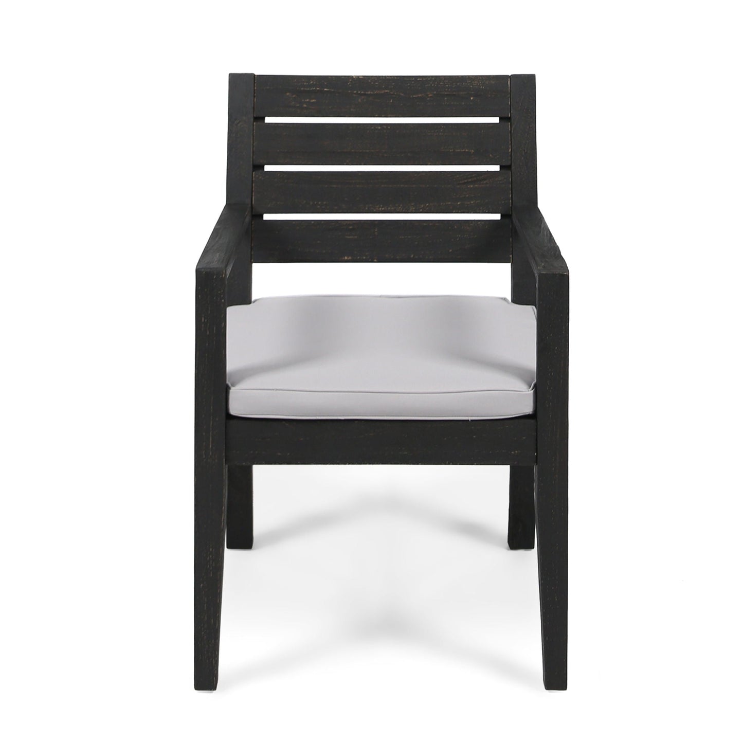 Outdoor dining chair with dark gray wooden frame and light gray cushion, slatted back on Tampa Home & Garden Store