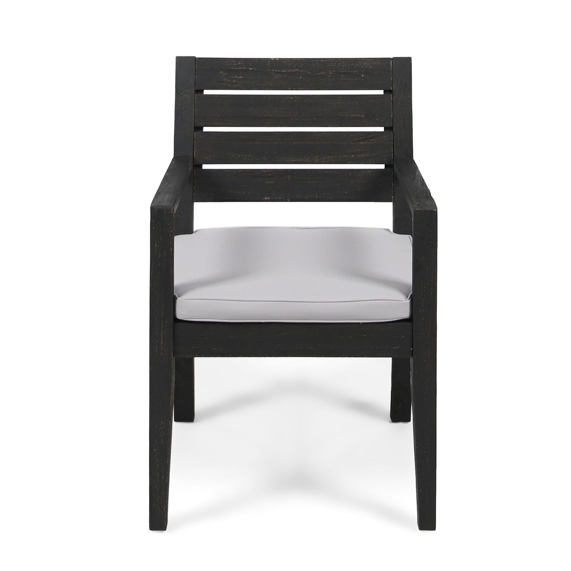 Outdoor dining chair with dark gray wooden frame and light gray cushion, slatted back on Tampa Home & Garden Store