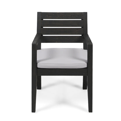 Outdoor dining chair with dark gray wooden frame and light gray cushion, slatted back on Tampa Home & Garden Store