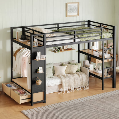 Twin XL Metal Loft Bed With Wardrobe and Shelves