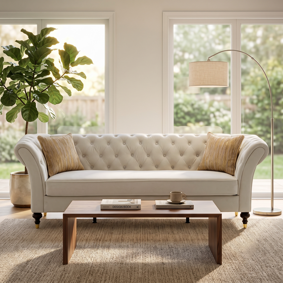 88.5in Chesterfield Sofa HouseOfZazla cream tufted upholstery in a bright living room on Tampa Home & Garden Store