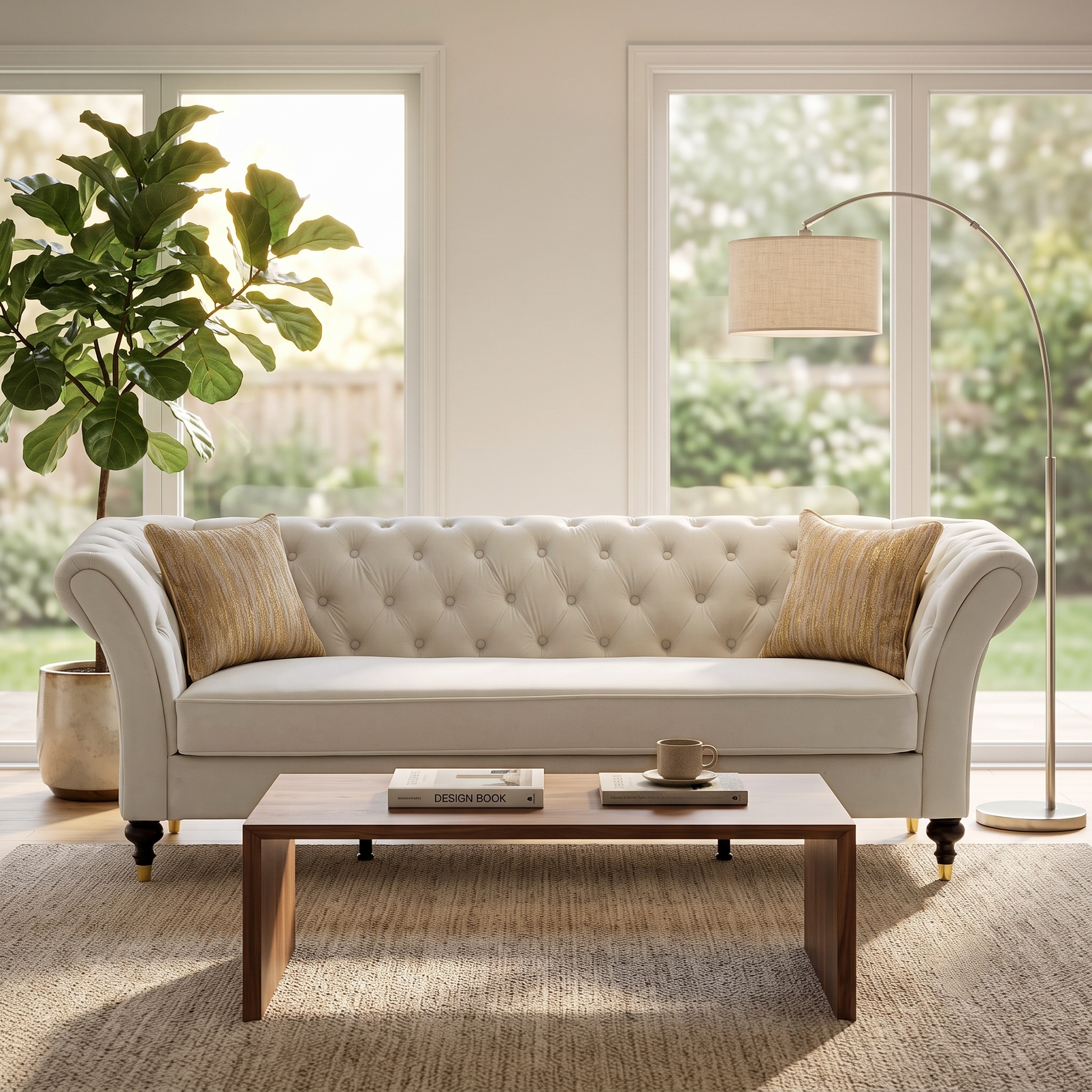 88.5in Chesterfield Sofa HouseOfZazla cream tufted upholstery in a bright living room on Tampa Home & Garden Store