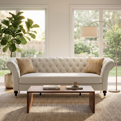 88.5in Chesterfield Sofa HouseOfZazla cream tufted upholstery in a bright living room on Tampa Home & Garden Store