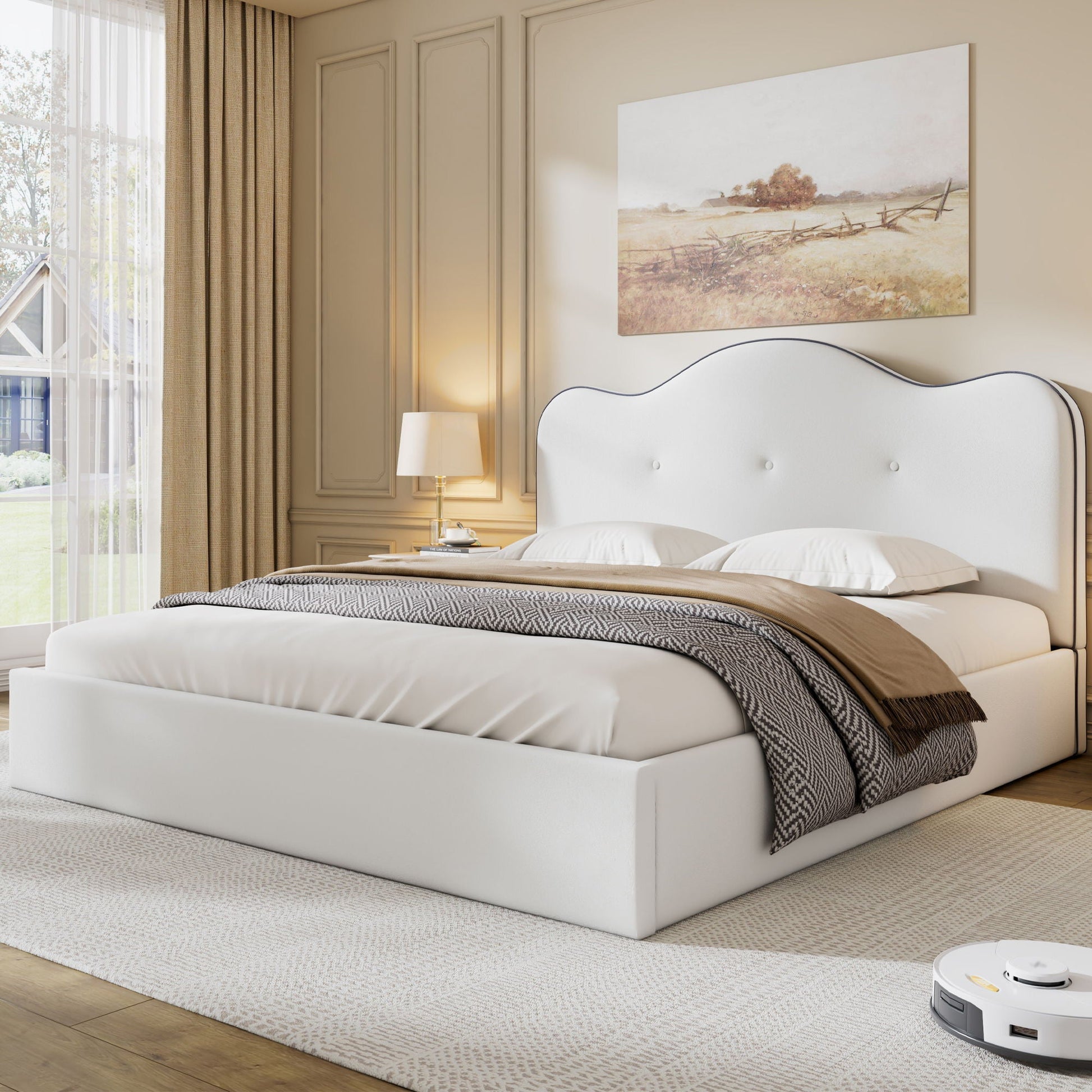 Upholstered platform bed in white fabric with tufted headboard and sturdy frame on Tampa Home & Garden Store