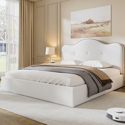 Upholstered platform bed in white fabric with tufted headboard and sturdy frame on Tampa Home & Garden Store