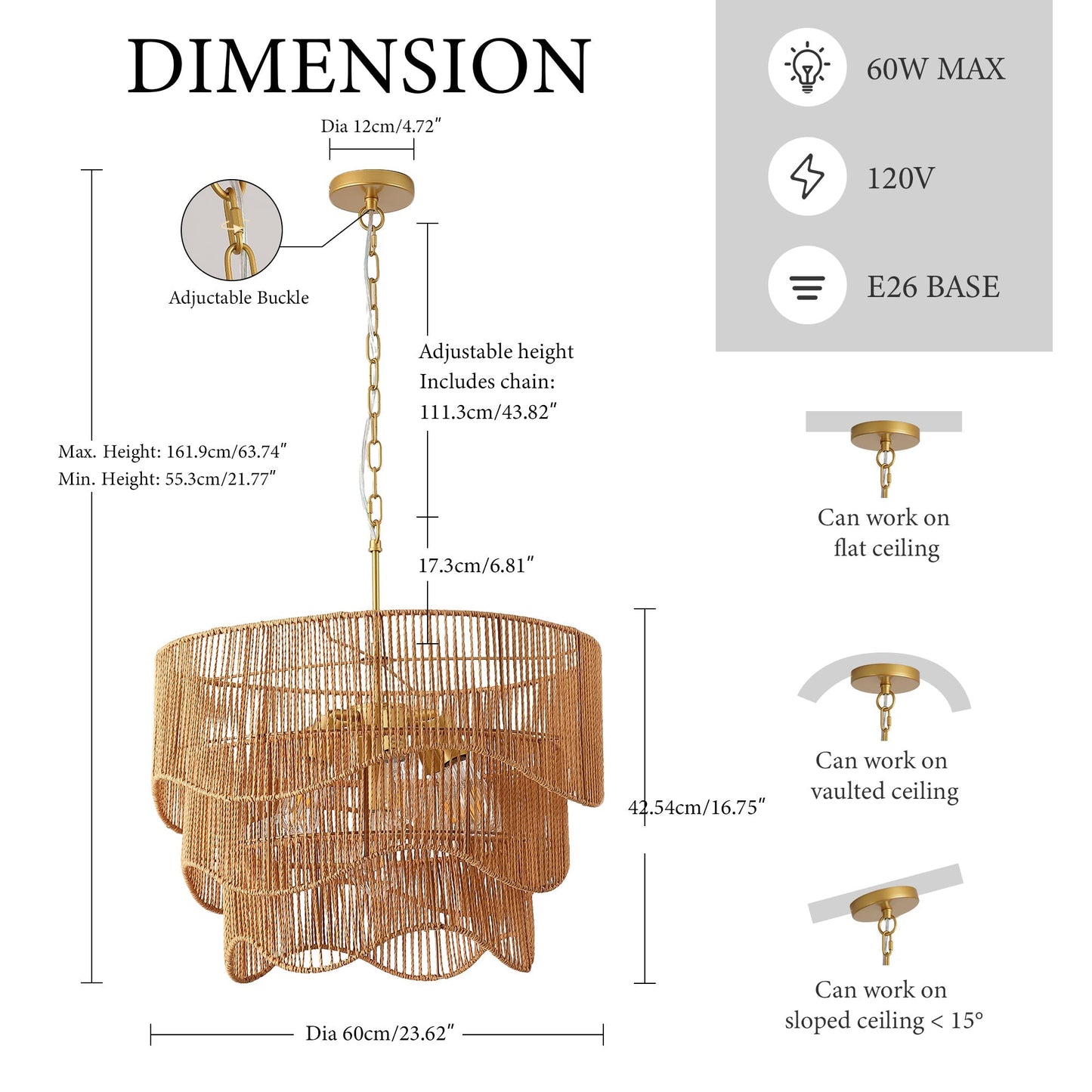 Handwoven paper rattan boho chandelier by HouseOfZazla with 7-light E26 base, gold canopy on Tampa Home & Garden Store