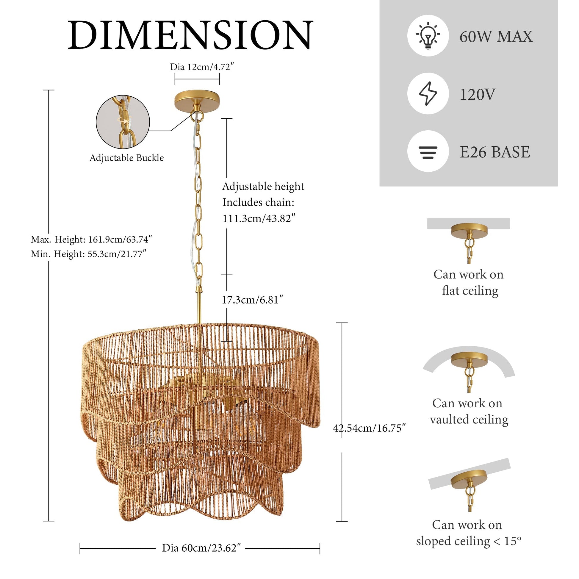 Handwoven paper rattan boho chandelier by HouseOfZazla with 7-light E26 base, gold canopy on Tampa Home & Garden Store