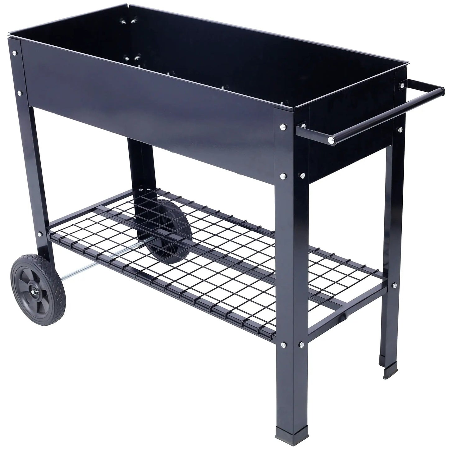 Elevated mobile black metal planter bed on wheels with lower shelf on Tampa Home & Garden Store
