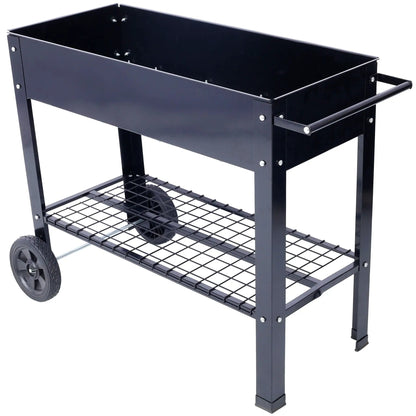 Elevated mobile black metal planter bed on wheels with lower shelf on Tampa Home & Garden Store
