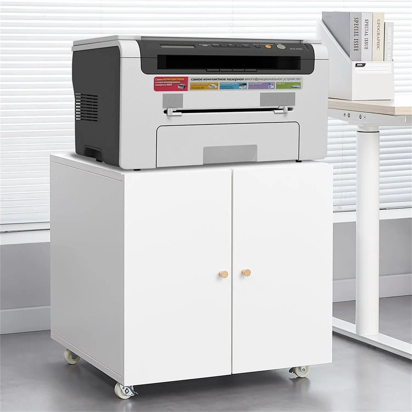Printer Stand with 2-door white cabinet on casters supporting a copier on Tampa Home & Garden Store
