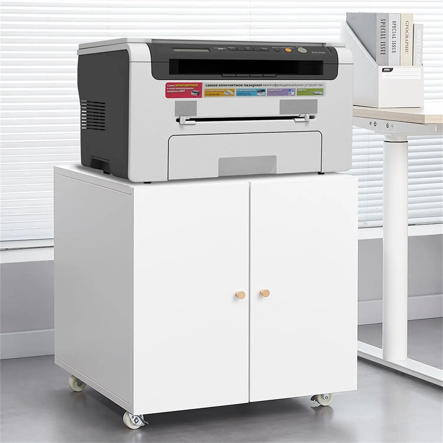Printer Stand with 2-door white cabinet on casters supporting a copier on Tampa Home & Garden Store