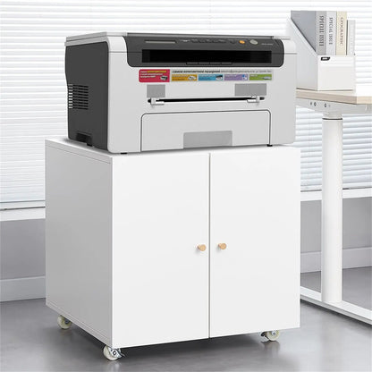 Printer Stand with 2-door white cabinet on casters supporting a copier on Tampa Home & Garden Store