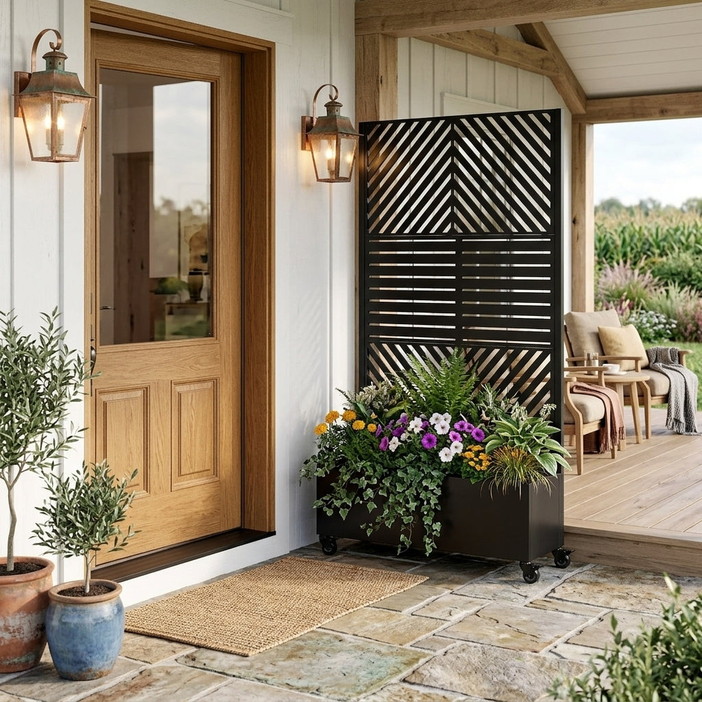 HouseOfZazla black metal planter box with trellis on wheels, filled with colorful flowers on Tampa Home & Garden Store